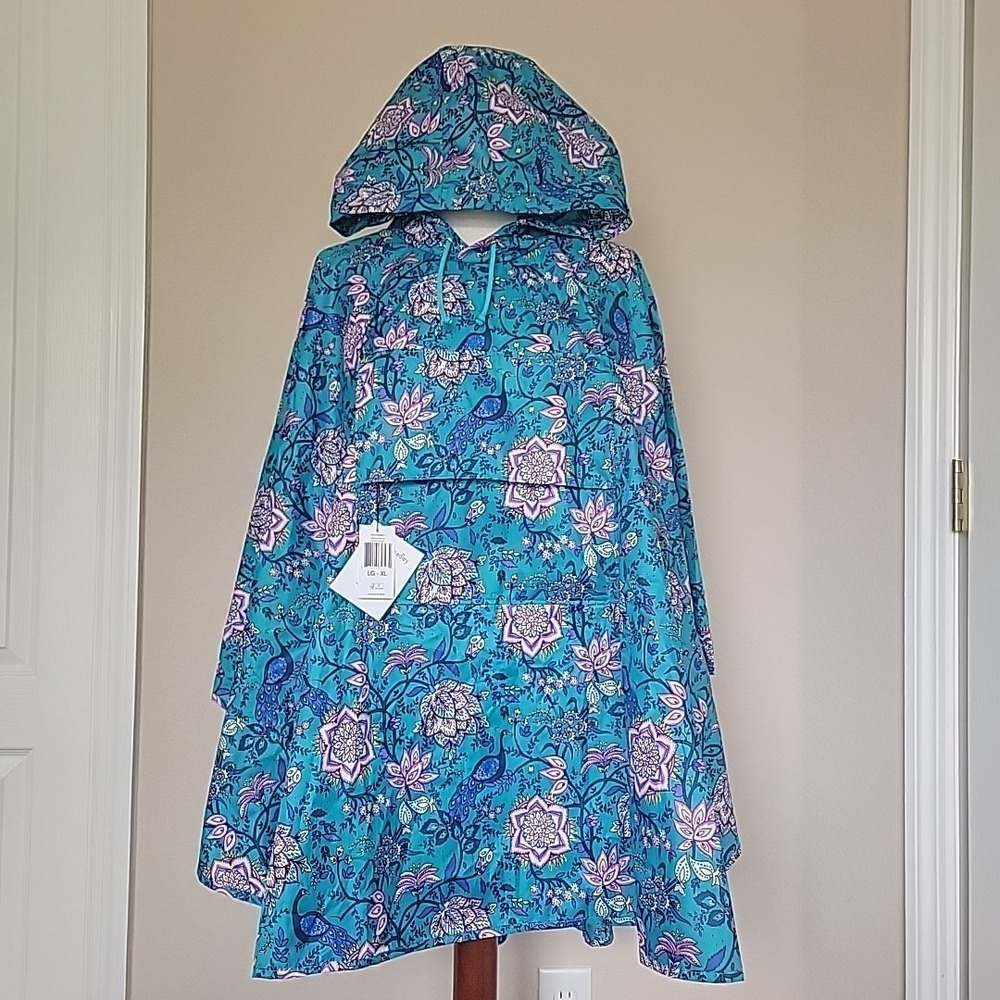 Vera Bradley Rain Poncho Size XL Peacock Garden Blue Hooded Packable New